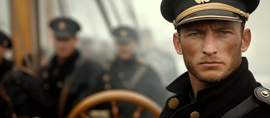 Captain on a ship. Illustration on the theme of cinema and films, history and profession.