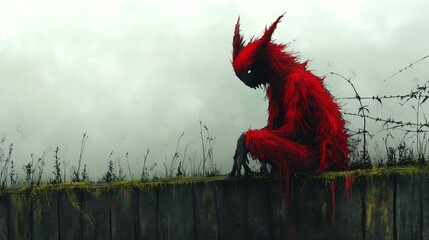 Black monster sitting on a concrete wall. Illustration on the theme of comics and horror, fear and monsters.