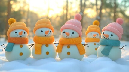 A group of humorous holiday snowmen. Illustration on the theme of humor and joy, congratulations and holidays.