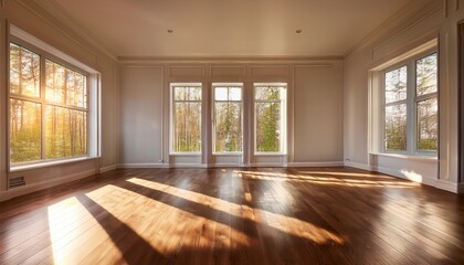 sunlit room interior with hardwood floors and large windows