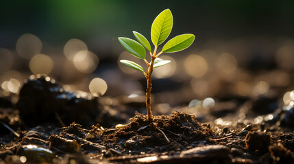 A young plant emerges from the soil, symbolizing the beginning of new life and growth.