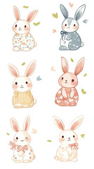 Cute cartoon bunnies in pastel colors, various outfits