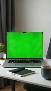 Laptop with a green screen on a desk in a modern corporate office. Minimalist furniture, clean workspace, and soft lighting. Vertical 9:16 layout for chroma key video editing mockups.