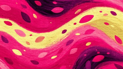 Vibrant abstract composition with flowing wavy lines in vivid pink and magenta, accented by bright yellow streaks and scattered oval spots in deep purple, light pink, and yellow, creating a dynamic, 