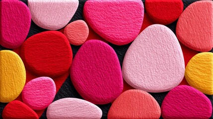 Vibrant irregular pebble-like objects in bright pink, deep red, soft pink, and yellow arranged closely on a dark background with fibrous textures.