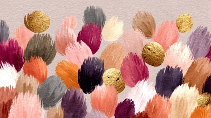 Textured paper-like background with soft brush strokes in pink, peach, orange, purple, gray, and beige, accented by golden metallic circles, 