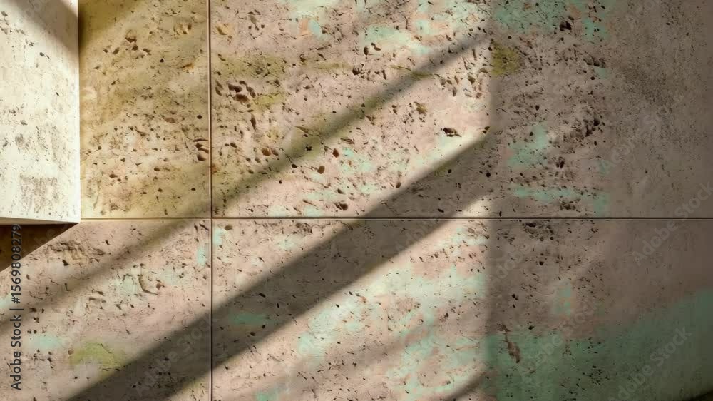 Poster travertine wall with light streaming and shadow casting a pattern