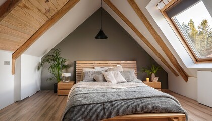 cozy attic bedroom with modern design and wooden accents