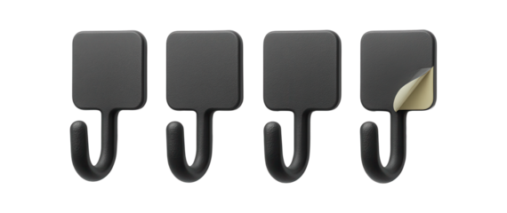 Durable self-adhesive hooks with a rubberized grip for secure hold in a garage workshop.