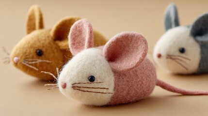 Close-up of soft toy mice with felt ears and string tails on a beige background