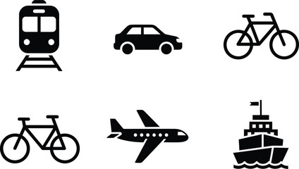 Fototapeta premium Collection of black transportation icons including a train car airplane bicycle and ship