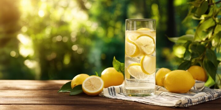 The refreshing glass of lemonade with sliced lemons and sunlight backdrop
