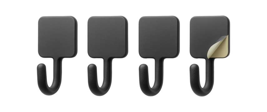 Durable self-adhesive hooks with a rubberized grip for secure hold in a garage workshop.