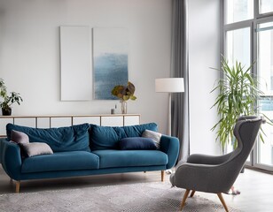 stylish living room with blue sofas and gray armchair