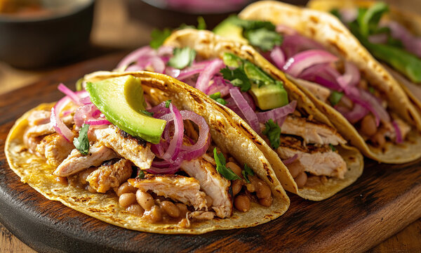 Panuchos - Yucatan-style tortillas stuffed with refried beans, topped with turkey, avocado, and pickled onions.