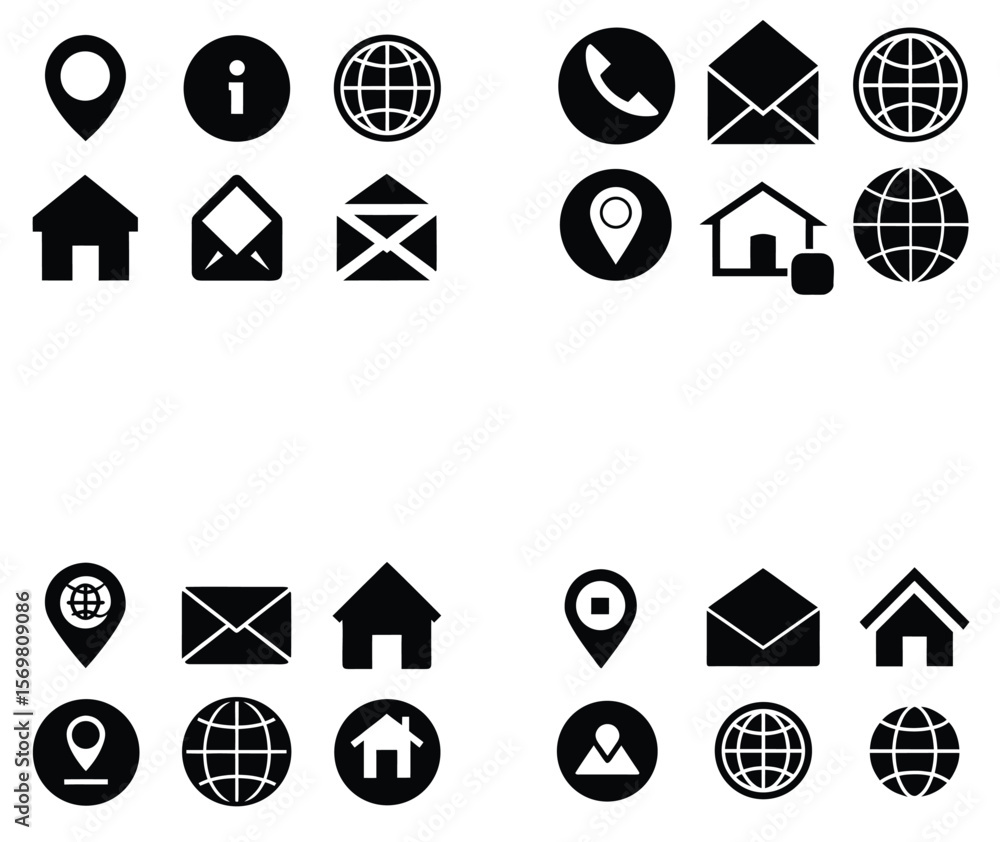 Poster vector icon set for web design including mail, home, and arrow buttons