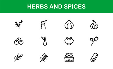 Herbs and Spices Line Icon Collection. Unique, premium icon pack of organic herbs and spice visuals in a simple linear design for creative, gourmet, and natural product applications.