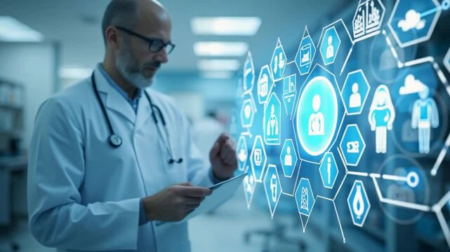 Doctor interacting with digital medical interface with health record and data visualizations for - Powered by Adobe