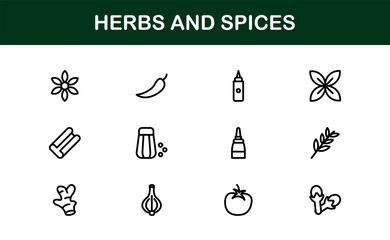 Herbs and Spices Line Icon Collection. Unique, premium icon pack of organic herbs and spice visuals in a simple linear design for creative, gourmet, and natural product applications.