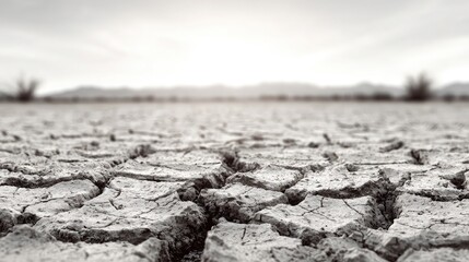 Dried-up land with irregular cracks and fine dust covering the surface