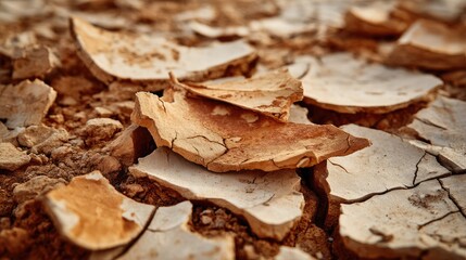 Dry and cracked ground with light brown tones and fragmented, curling soil plates