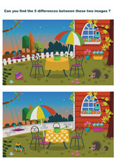 Can You Spot the 5 Differences? - Cute Garden Scene Puzzle Illustration