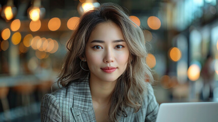 Middle-aged Asian woman using laptop for online banking at office desk, warm daylight, focused and professional expression, clean business environment with copy space