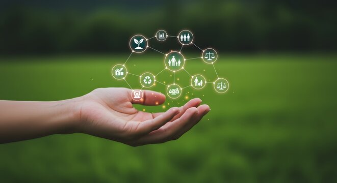 Human hand holding a network of icons representing sustainability and society