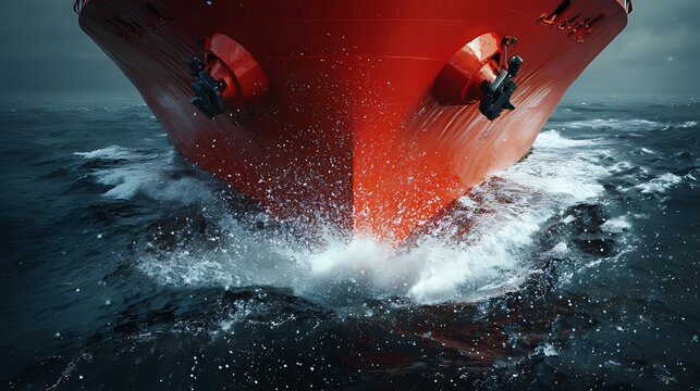 Red Cargo Ship Emerging from Ocean WavesRed Cargo Ship Emerging from Ocean Waves, A dramatic close-up view of a red cargo ship emerging from a splash of ocean waves.
