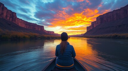 Woman paddles kayak at vibrant sunset, canyon views