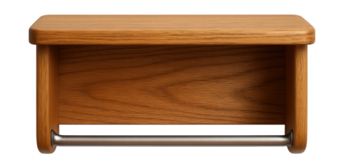 Wall-mounted wooden shelf with a natural finish, ideal for holding towels and toiletries in a bathroom.