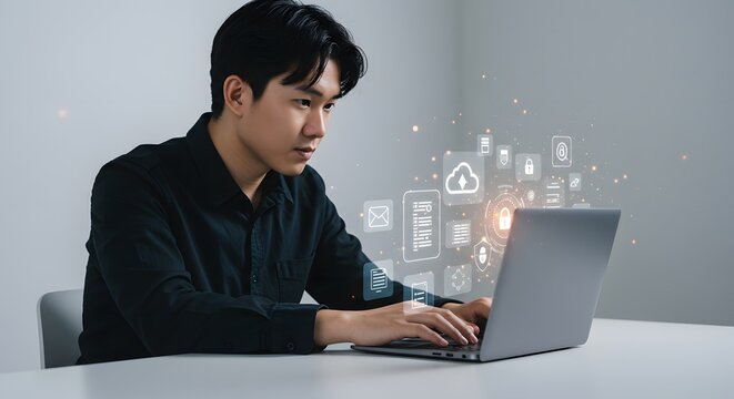 Young man working on a laptop with digital data and security icons floating
