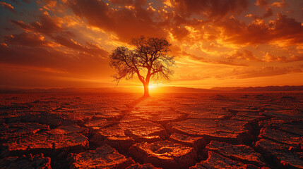 Lone leafless tree in a cracked desert landscape at sunset, long shadows and warm orange sky create a dramatic and arid scene with clear space for overlay text