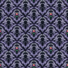 Elegant seamless floral damask pattern featuring pink and yellow blossoms with purple ornamental foliage on a dark background.