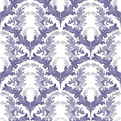 Seamless damask-style pattern with soft lavender and purple ornamental foliage on a clean white background, ideal for elegant decor or textiles.