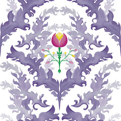 Seamless floral pattern with stylized pink and yellow central flower framed by ornate purple and lavender foliage on a white background.