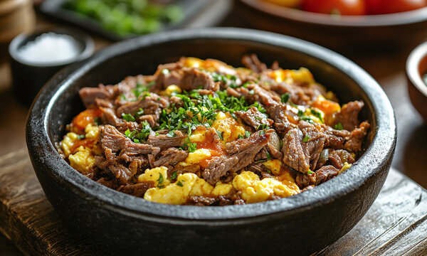 Machaca con Huevo - Dried, shredded beef rehydrated and cooked with scrambled eggs.
