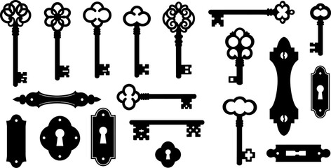 Vintage key collection vector illustration antique keys and keyholes set for graphic design use