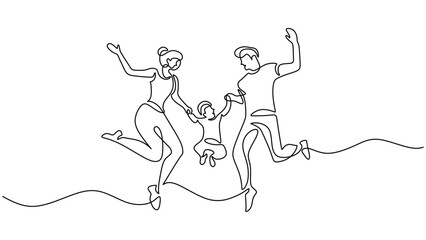 Together in Joy. Happy Family Jumping One Line Drawing for Fun and Connection