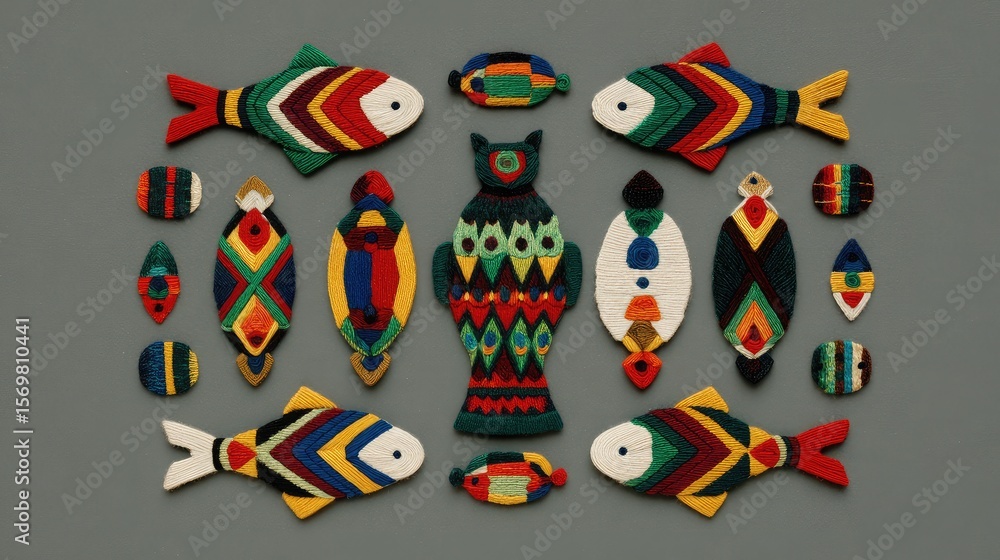 Poster felt cat toys in geometric shapes arranged in a symmetrical pattern on a gray background