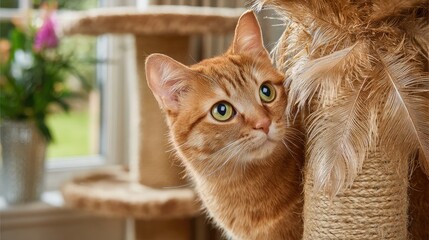 Feather cat teaser attached to a tall scratching post with climbing platforms