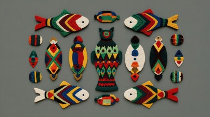Felt cat toys in geometric shapes arranged in a symmetrical pattern on a gray background