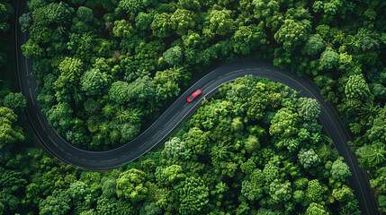 Aerial top-down view of a single car driving along a winding road through a lush green forest, early morning light casting shadows, symbolizing a fresh journey and forward planning