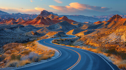 Aerial photo of a winding asphalt road passing through red sandstone desert hills in early morning light with warm shadows and minimal vegetation