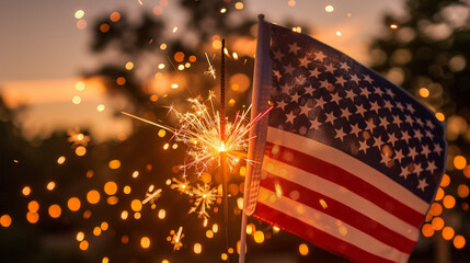 American flag held in hand with sparkler fireworks in warm golden hour lighting, patriotic and festive atmosphere in natural outdoor setting