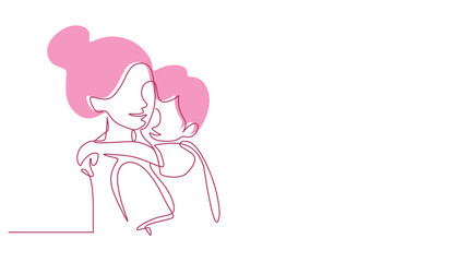 Mother's Embrace. One Line Drawing of Mom and Child for Mother's Day Card