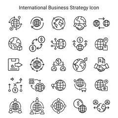 International business strategy and global trade icon set, worldwide partnership, globalization, import export, finance, logistics, global market, digital economy symbol