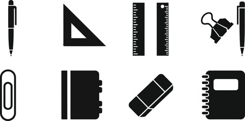 Obraz premium Collection of black silhouette icons representing school and office supplies on a white background