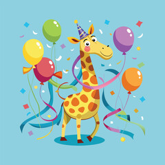 Cute giraffe tangled in colorful party streamers and balloons, humorous wild animal cartoon, funny celebration vector illustration