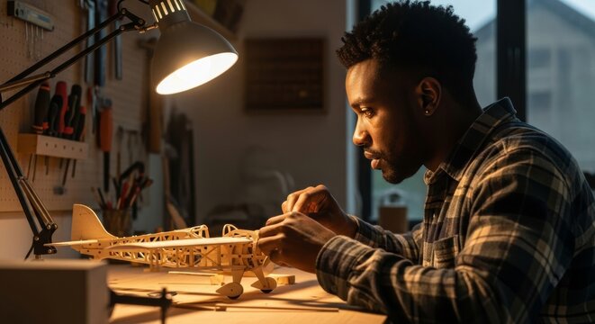 Focused African American craftsman working on wooden architectural model under desk lamp in cozy workshop. Handmade woodworking and design concept.